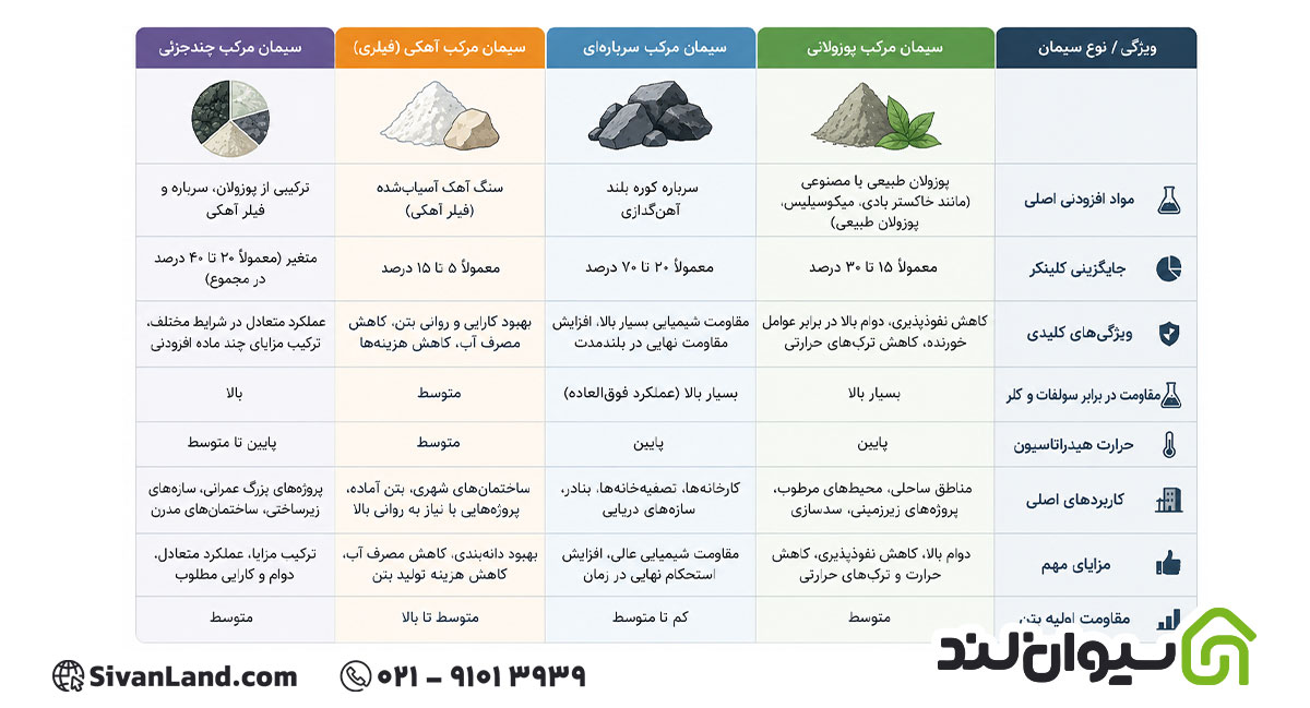 سیمان مرکب چیست؟ انواع، ویژگیها و کاربردها 3 3 مقایسه انواع سیمان مرکب