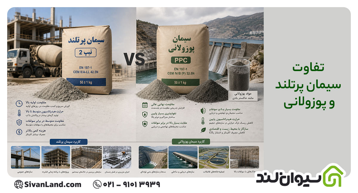 بررسی تفاوتهای سیمان پرتلند تیپ 2 و سیمان پوزولانی